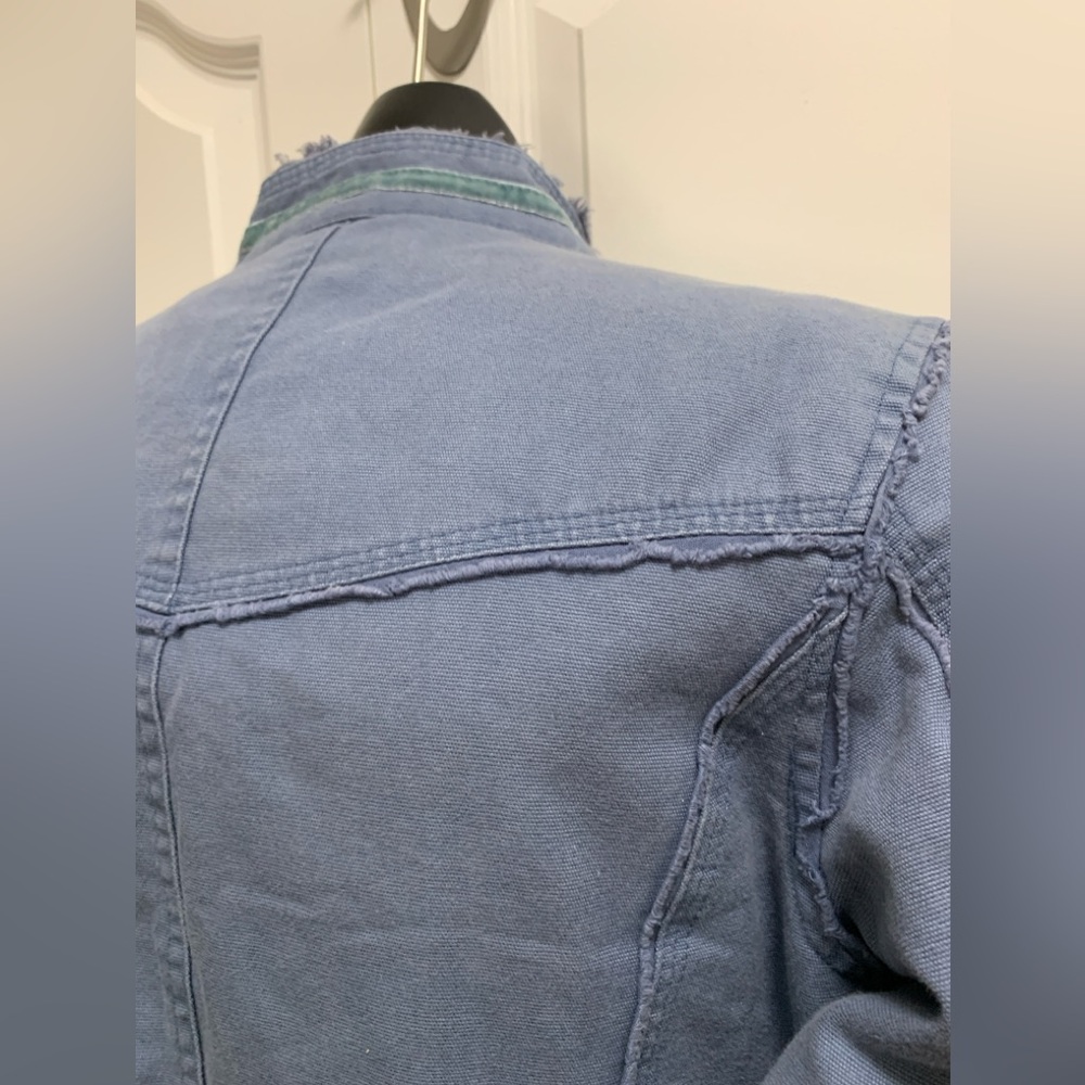 Denim Blue Size Small Lined Nikita Jacket Funnel Collar frayed hem Velour Piping - Picture 9 of 14